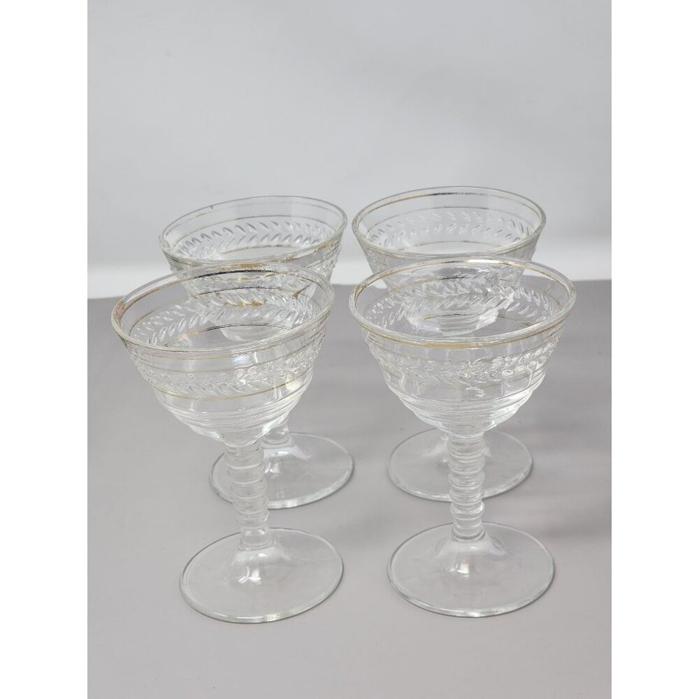 Set Of 4 Vintage Clear Glass Goblets With Gold‎ Trim & Textured Leaf Design